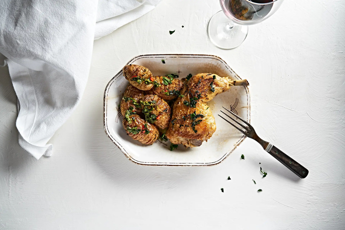 Kananpoika confit ja hasselbackan perunaa