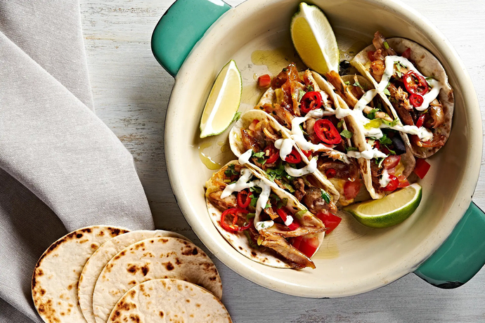 Mexican pulled chicken open tortillas