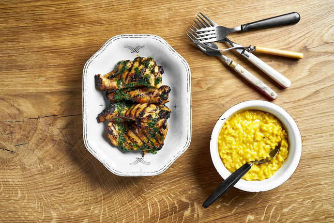 Karibialaista kananpoikaa ja sahramirisottoa