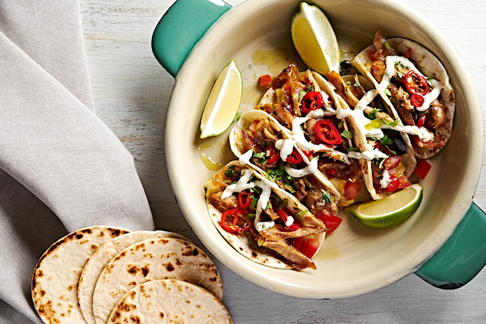 Mexican pulled chicken open tortillas